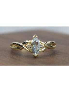 Vintage LGL 10k Yellow Gold Marquise Cut Aquamarine & Diamond Bypass Ring